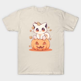 White kitten sitting on a pumpkin T-Shirt